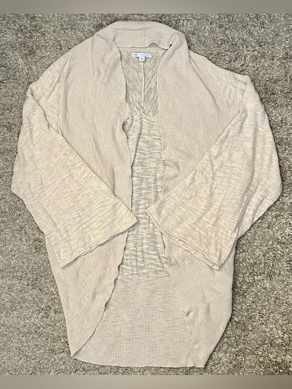 Gap Women’s Size L Beige 100% Cotton Open Front 3/4 Sleeve Cardigan Sweater